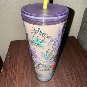 Starbucks Floral Tumbler with Purple Lid and Yellow Straw